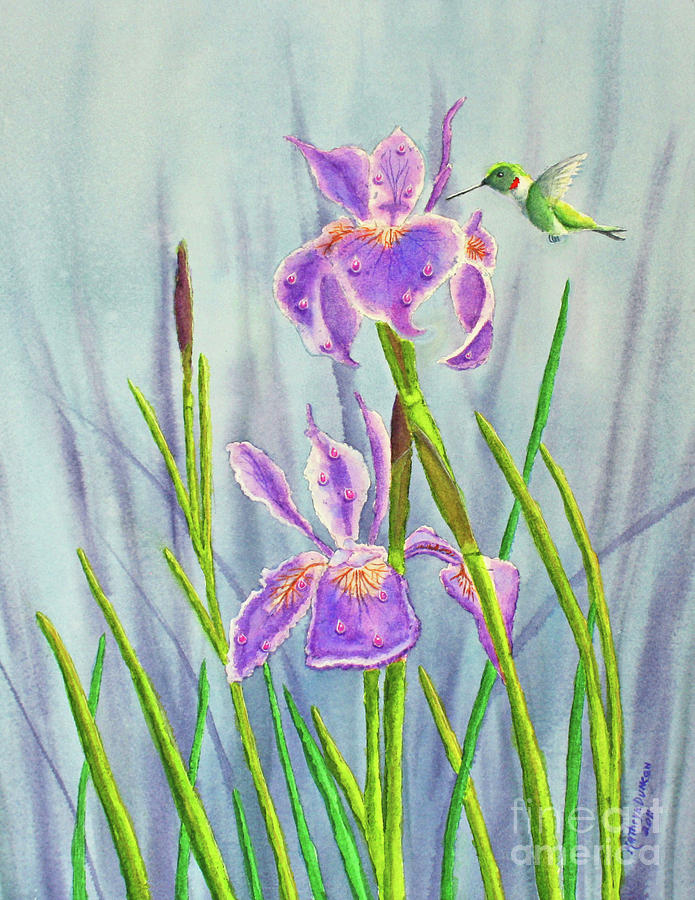 Purple Dutch Iris and Hummer #1 Painting by Kathryn Duncan