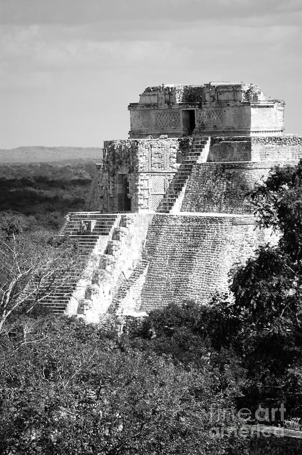Pyramid of the Magician at Uxmal Mexico Black and White #2 Photograph by Shawn OBrien