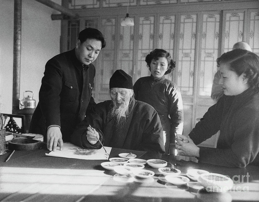 Qi Baishi at work in his studio, January 1957. #2 Photograph by The ...