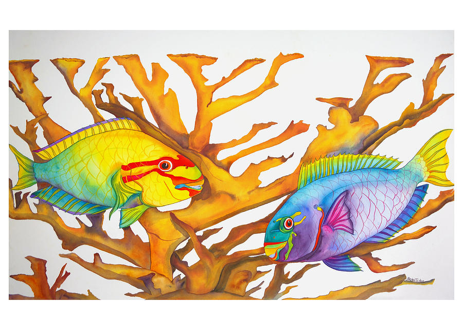 Queen Parrotfish and Elkhorn coral Painting by Brenda Tucker - Fine Art ...