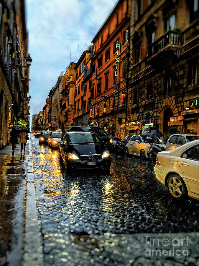 Umbrella Photograph - rainy night in Rome #1 by HD Connelly