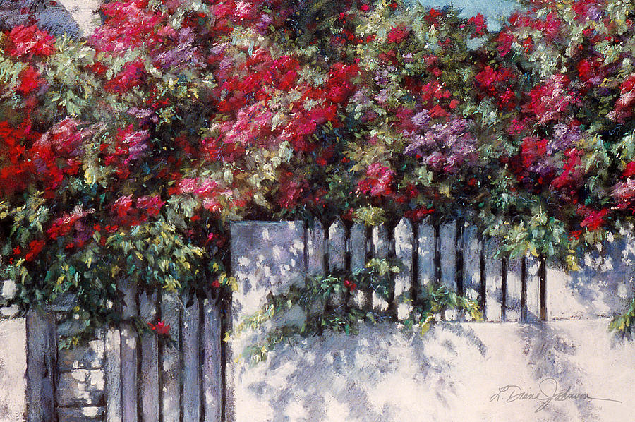 White Gate Painting - Ramblin Rose by L Diane Johnson