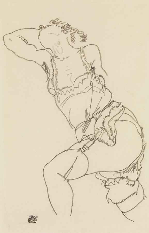 Reclining Model in Chemise and Stockings, from 1917 Drawing by Egon Schiele