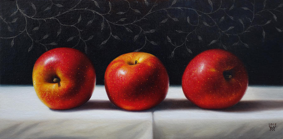 Red Apples On White Canvas #1 Painting by Miljan Vasiljevic