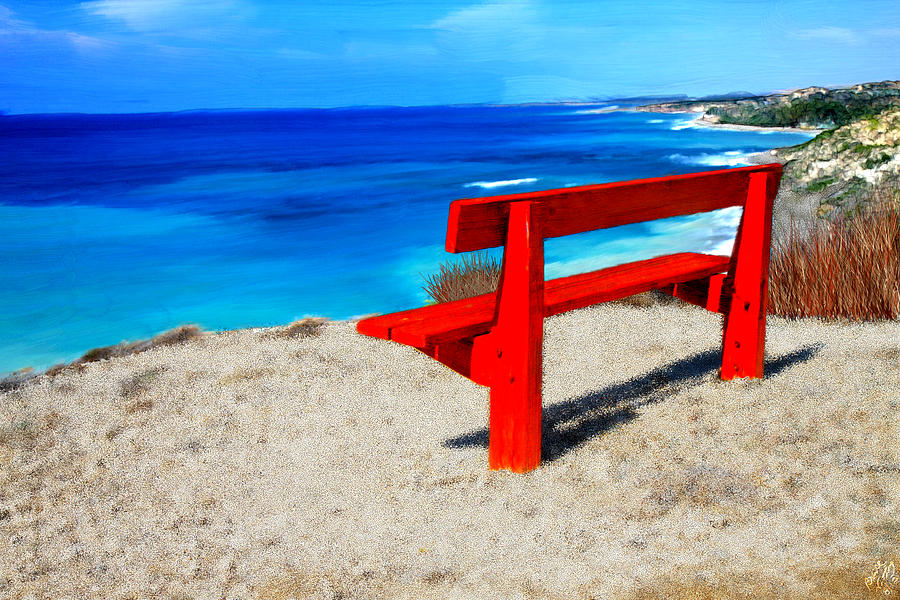 Red Bench on the Beach #1 Painting by Bruce Nutting