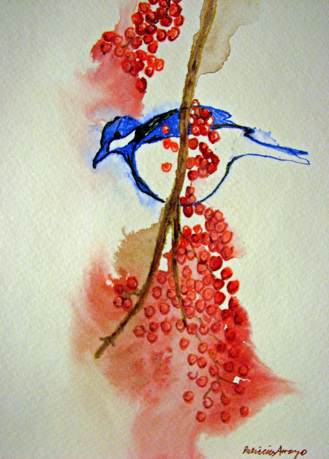 Red Berry Blue Bird #1 Painting by Patricia Arroyo