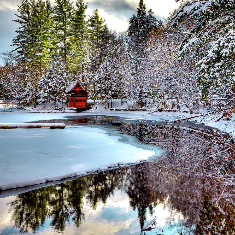 Red Boathouse in Winter #1 Photograph by David Patterson