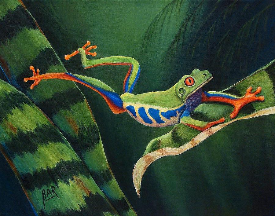 Frog Painting - Red Eyed Tree Frog Leaping by Barbara Robertson
