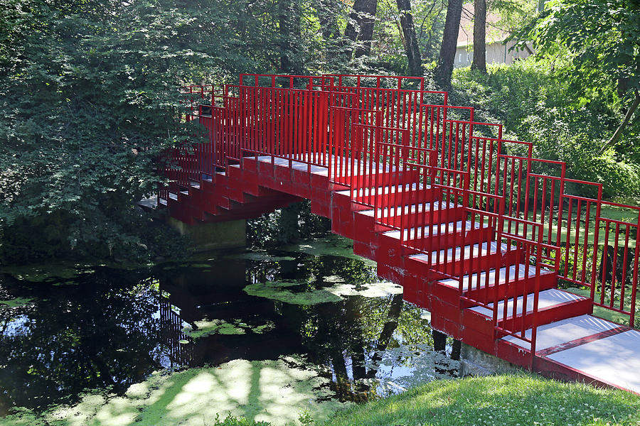 Red Footbridge Dow Gardens #2 Photograph by Mary Bedy
