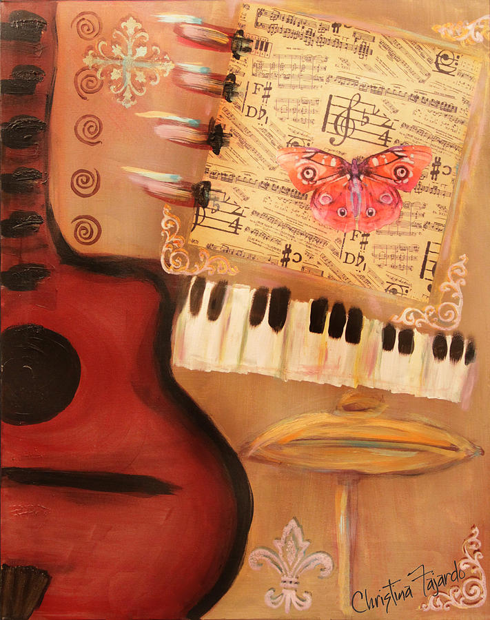 Butterfly Painting - Red Guitar and Red Butterfly #1 by Christina Fajardo