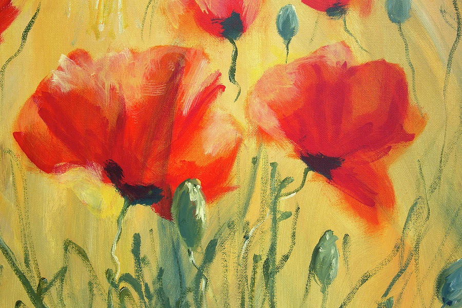 Red poppies in a barley field Painting by Karen Kaspar