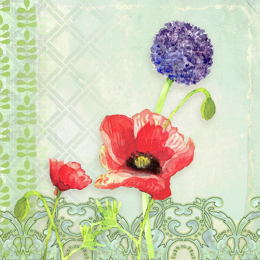 Red Poppy Purple Alium I - Retro Modern Patterns #1 Painting by Audrey Jeanne Roberts