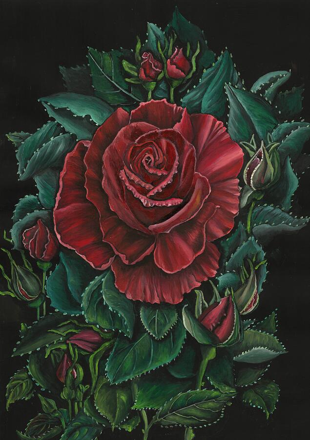 Red rose with green leaves Painting by Tara Krishna