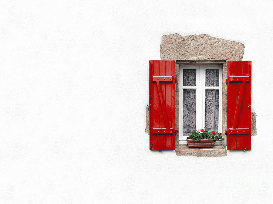 Red shuttered window on white Photograph by Jane Rix