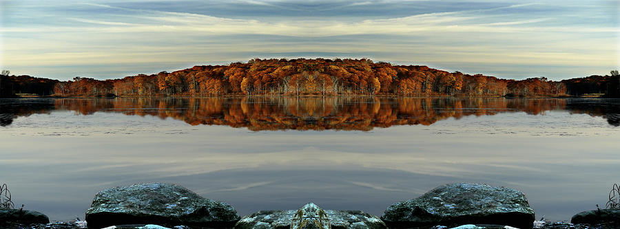 Fall Photograph - Mirrored panoramic, reflecting fall  from the banks of  Bishop Pond by Gene Camarco