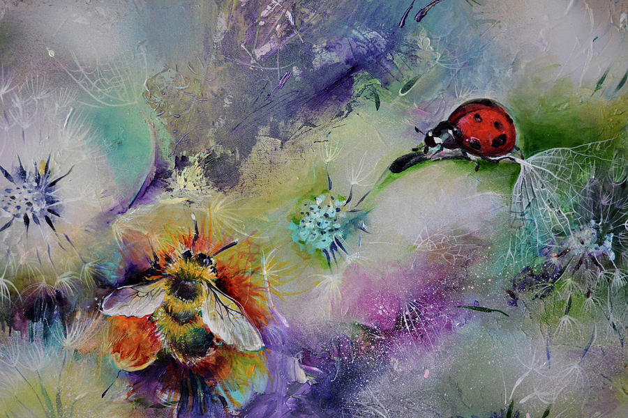 Rendezvous, Ladybug and Bumble-bee on Dandelions  #1 Painting by Soos Roxana Gabriela