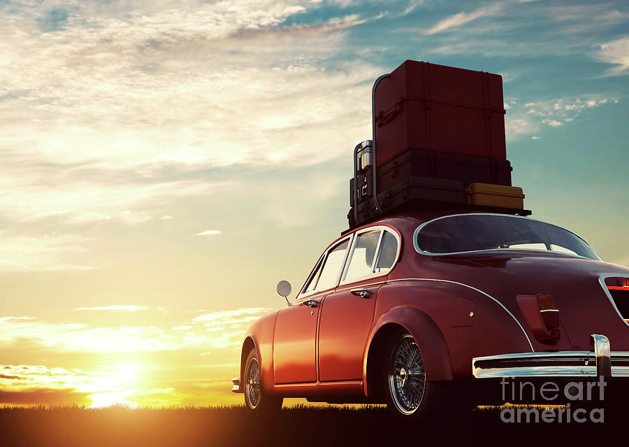 Retro red car with luggage on roof rack at sunset. Travel, vacation concepts. #1 Photograph by Michal Bednarek