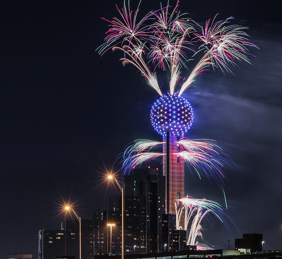 Reunion Tower Fireworks #2 Photograph by Robert Bellomy