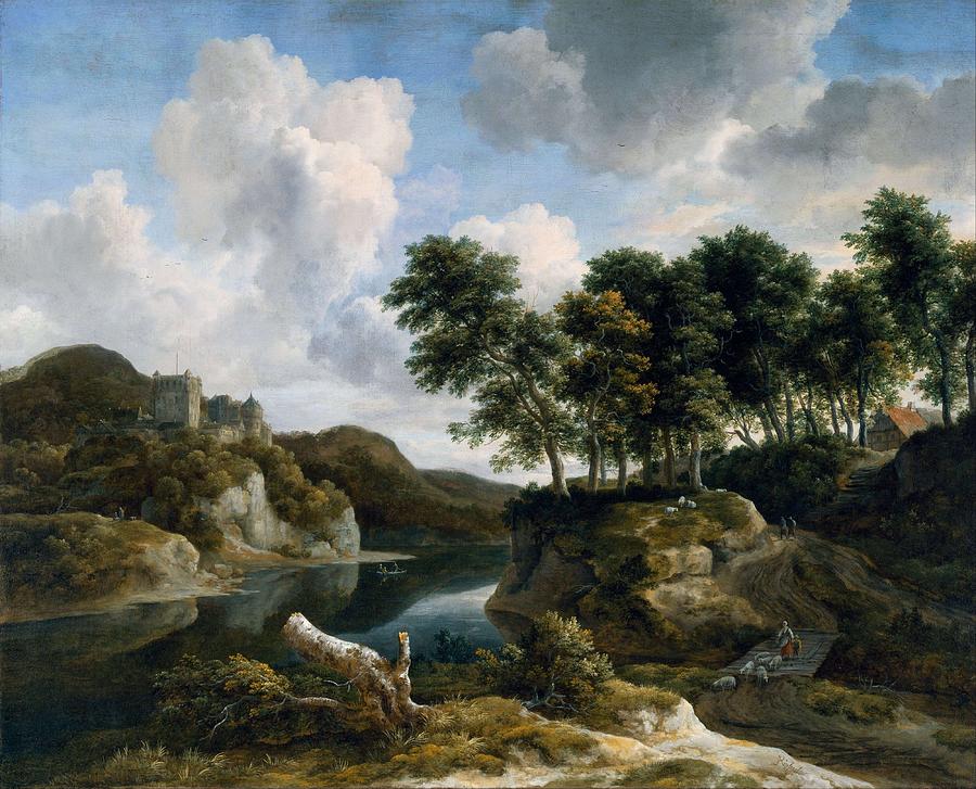 River Landscape with a Castle on a High Cliff, 1670-1679 Painting by Jacob van Ruisdael