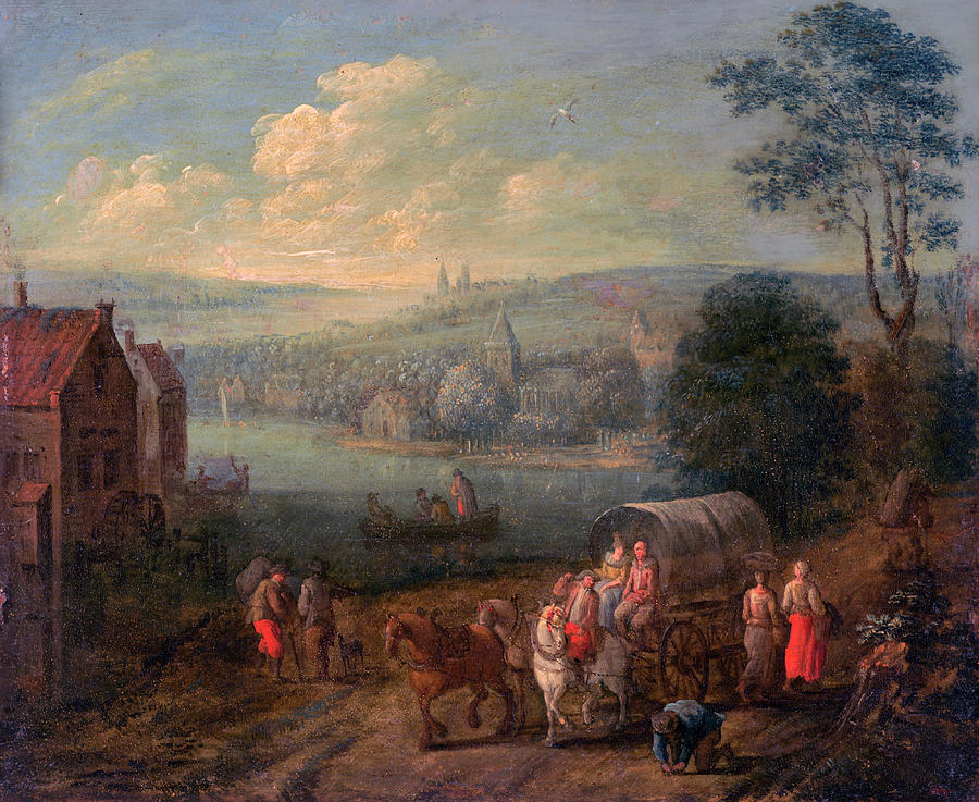 River Landscape with Villages and Travelers  #1 Painting by Follower of Peeter Gysels