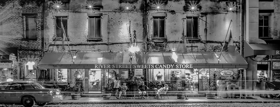 Boat Photograph - River Street Sweets Candy Store Black White  #1 by Alex Grichenko