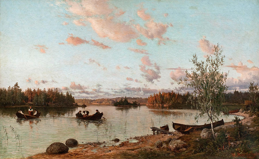 Riverbank at Sunset #1 Painting by Hjalmar Munsterhjelm