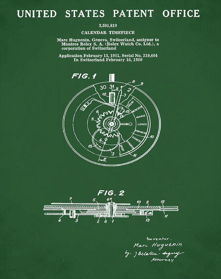 Vintage Drawing - Rolex Watch Patent 1999 in Green #1 by Bill Cannon