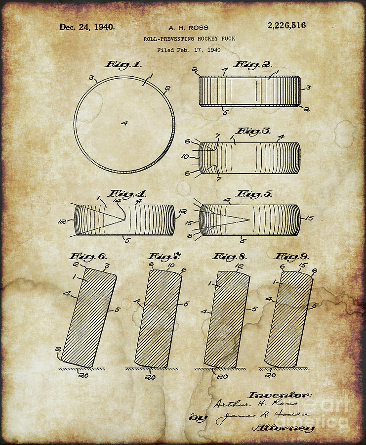 Roll Prevention Hockey Puck Patent Drawing From 1940 #1 Photograph by Doc Braham