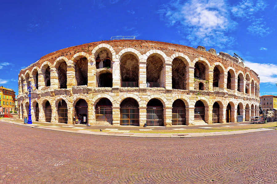 Roman amphitheatre Arena di Verona and Piazza Bra square panoram #1 Photograph by Brch Photography