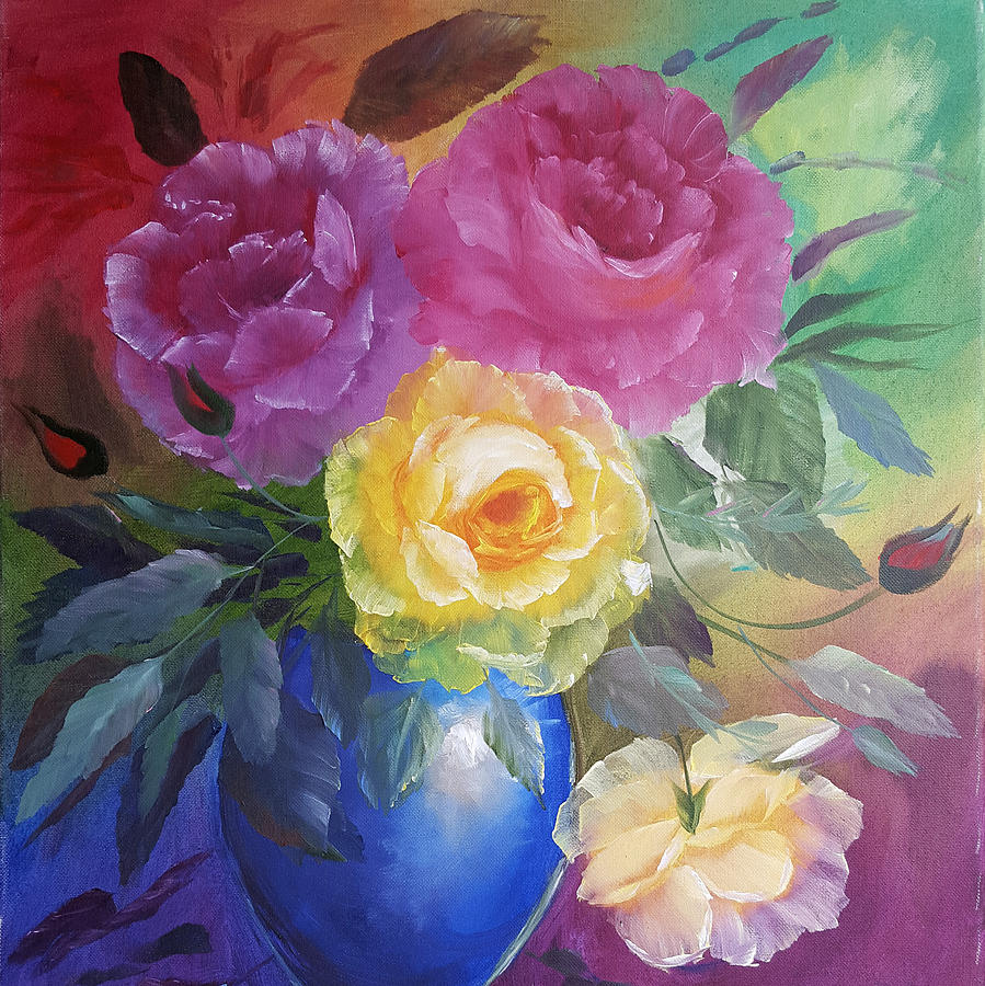 Roses and a Blue Pot #1 Painting by Russell Collins