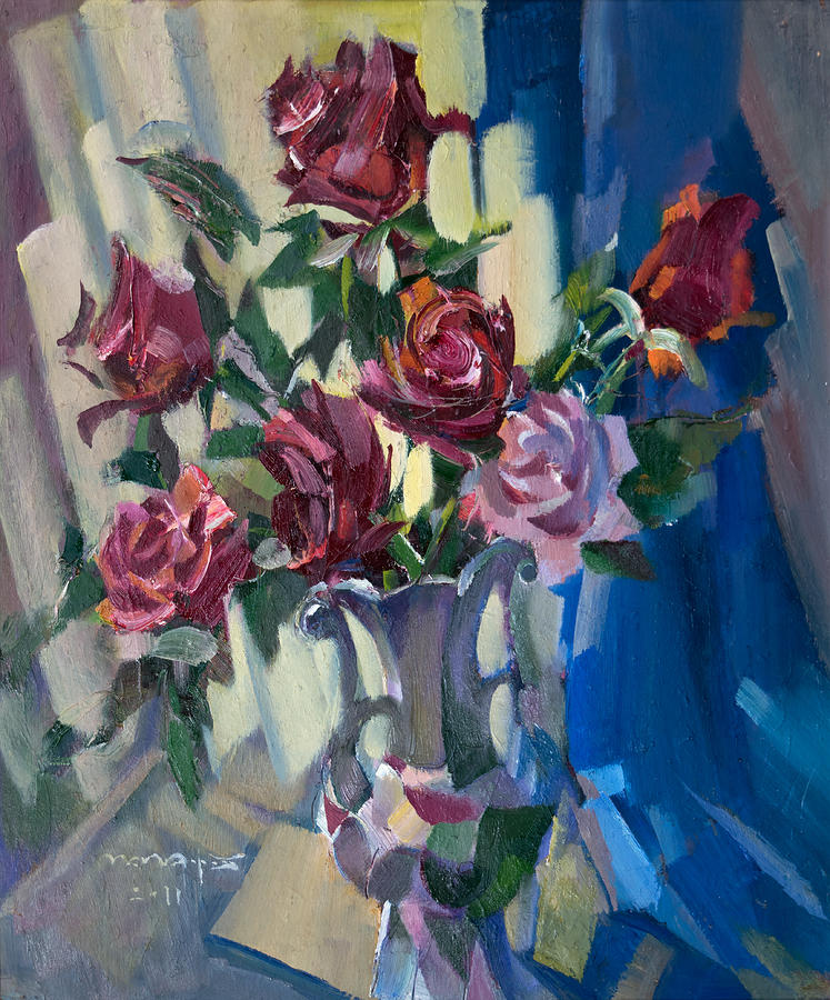 Flower Painting - Roses On Blue #1 by Nikolay Malafeev