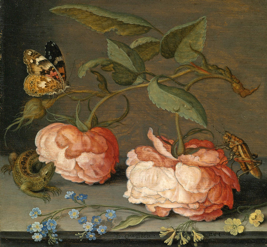 Roses with a butterfly and a grasshopper #3 Painting by Balthasar van der Ast