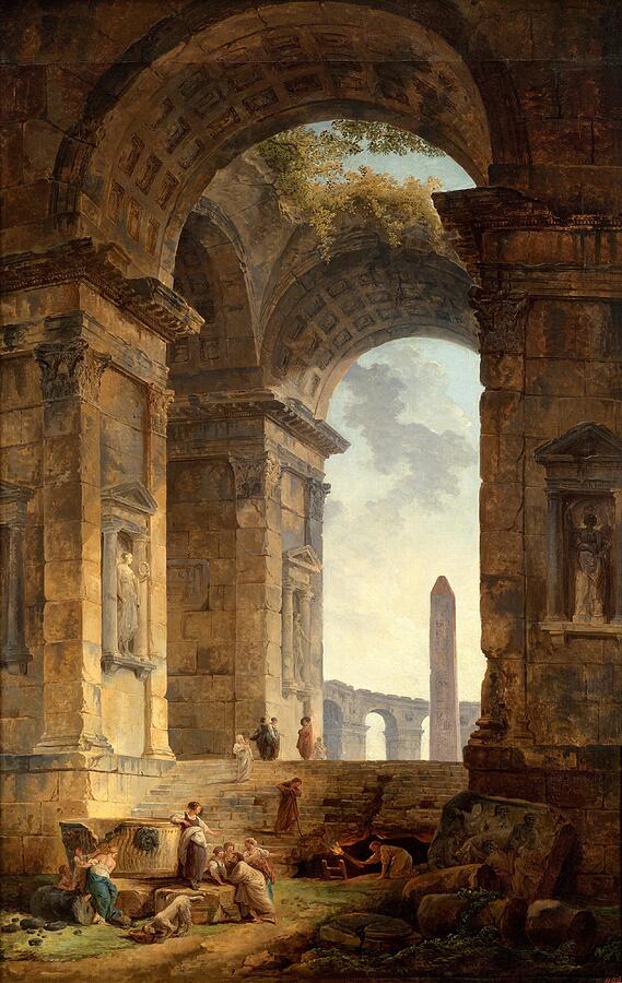 Ruins with an obelisk in the distance, from 1775 Painting by Hubert Robert Ruins with an obelisk in the distance, from 1775 Painting by Hubert Robert