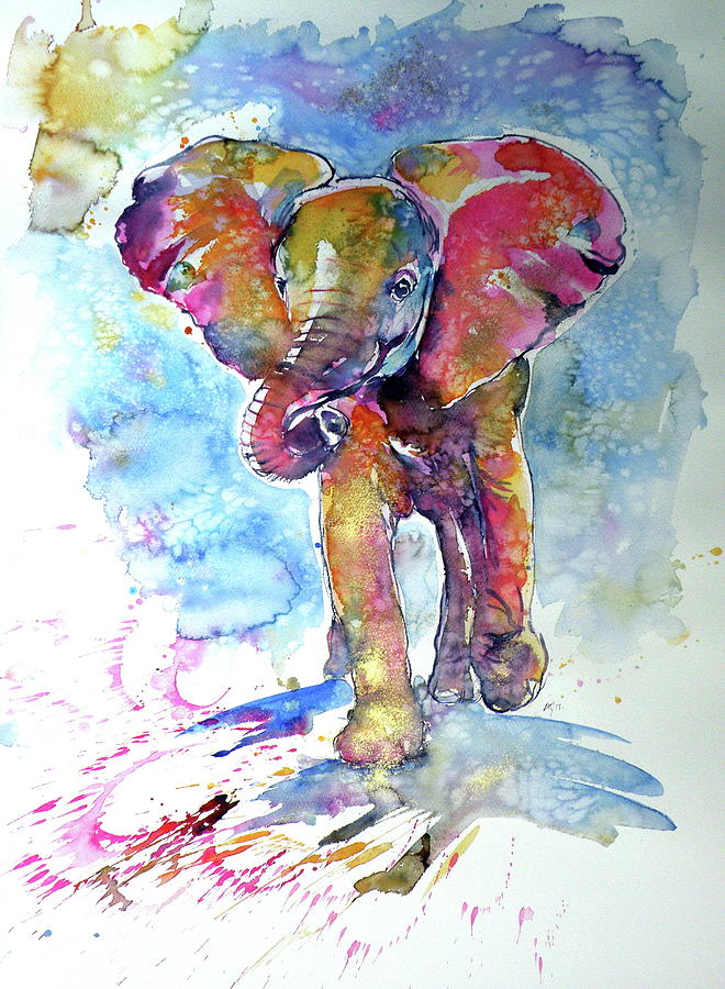 Running elephant baby #1 Painting by Kovacs Anna Brigitta