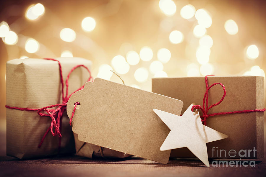 Christmas Photograph - Rustic retro gifts, present boxes on glitter background. Christmas time #1 by Michal Bednarek