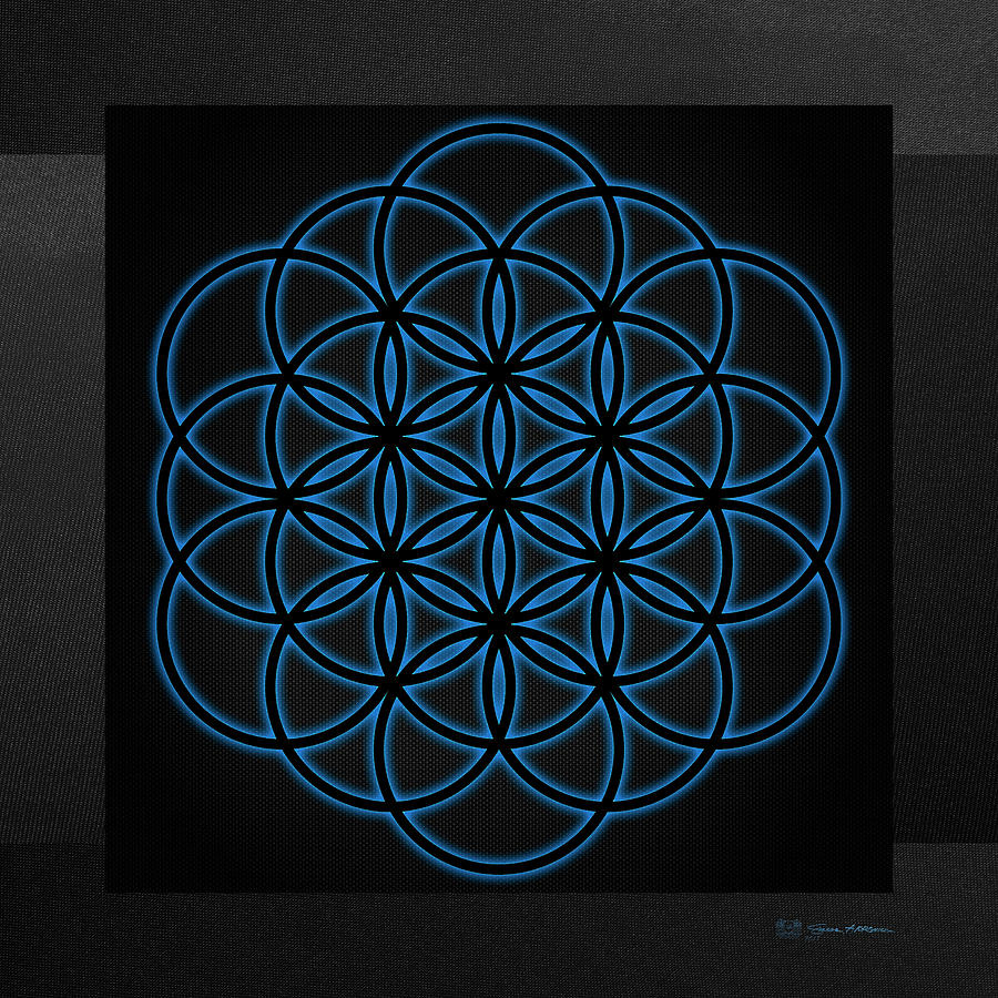 Sacred Geometry - Black Flower of Life - Seed of Life with Blue Halo over Black Canvas #1 Digital Art by Serge Averbukh