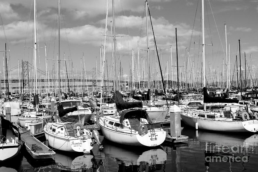 Black And White Photograph - Sail Boats at San Francisco China Basin Pier 42 With The Bay Bridge in The Background . 7D7666 by Wingsdomain Art and Photography