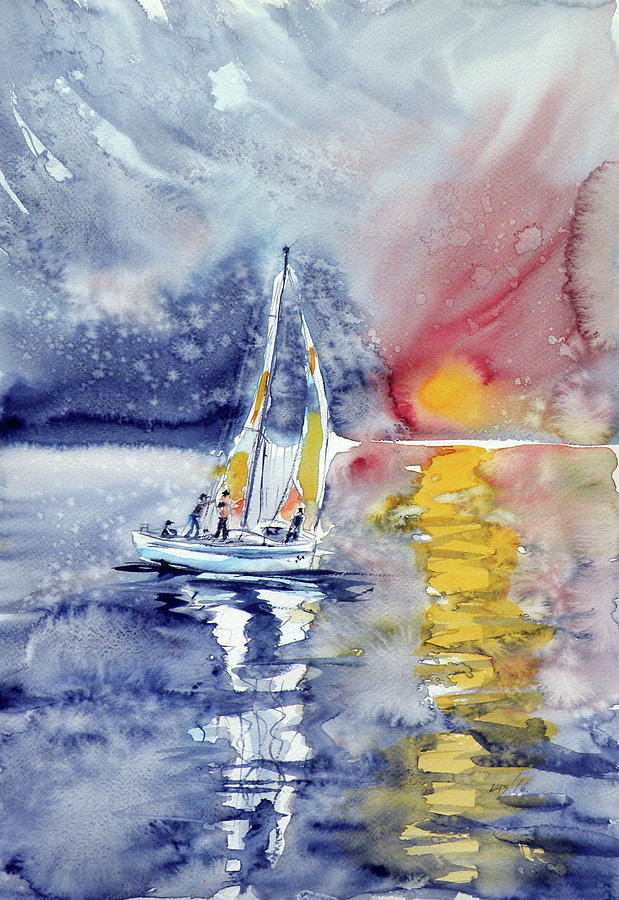 Sailboat at sunset #1 Painting by Kovacs Anna Brigitta