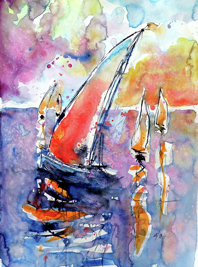 Sailboats at sea #1 Painting by Kovacs Anna Brigitta