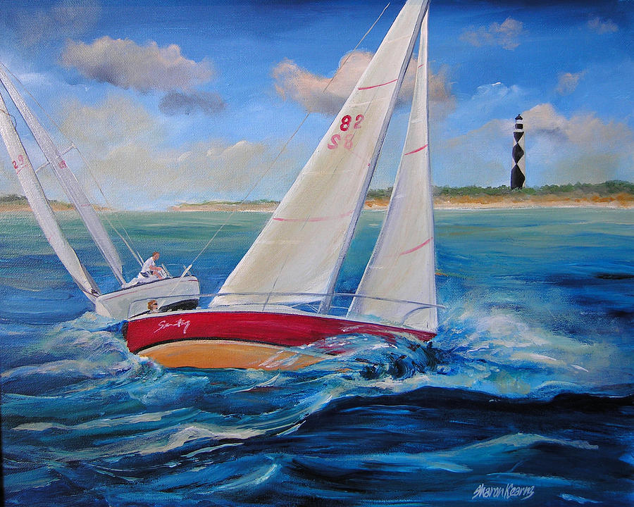 Lighthouse Painting - Sailing at Cape Lookout #1 by Sharon Kearns