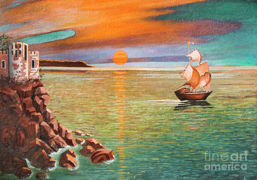 Sailing ship and castle #2 Painting by Irina Afonskaya