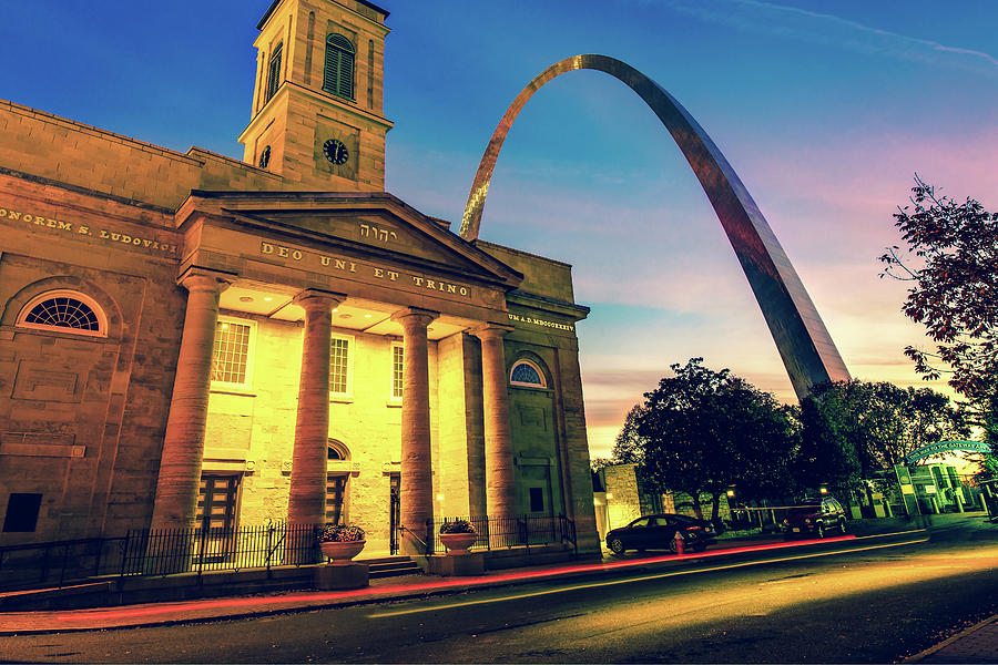 America Photograph - Saint Louis Arch and Cathedral at Dawn by Gregory Ballos