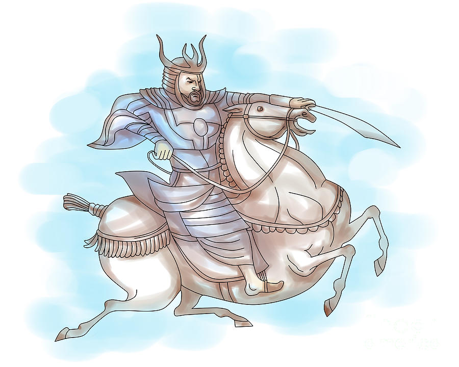 Samurai warrior with sword riding horse Digital Art by Aloysius ...