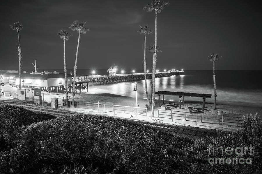 San Clemente Pier at Night Black and White Photo #1 Photograph by Paul Velgos