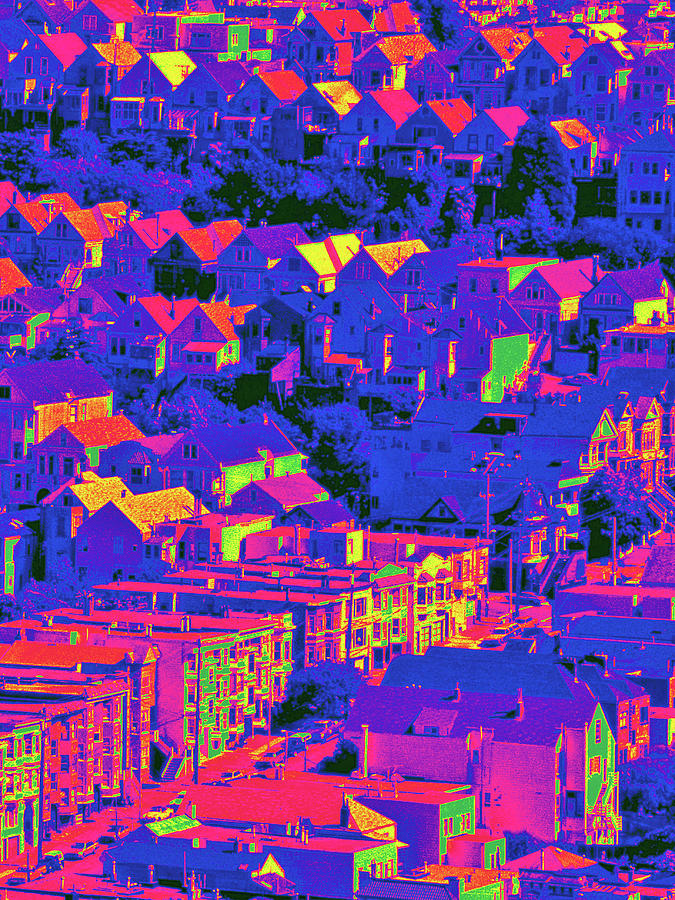 Diptych 2 Noe Valley San Francisco Vibrant Sunrise  Psychedelic Abstract Cityscape Digital Art by Kathy Anselmo