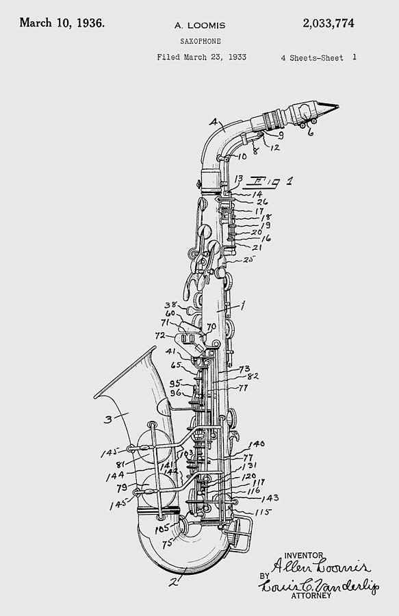Saxophone Patent Drawing From 1933 #2 Photograph by Chris Smith