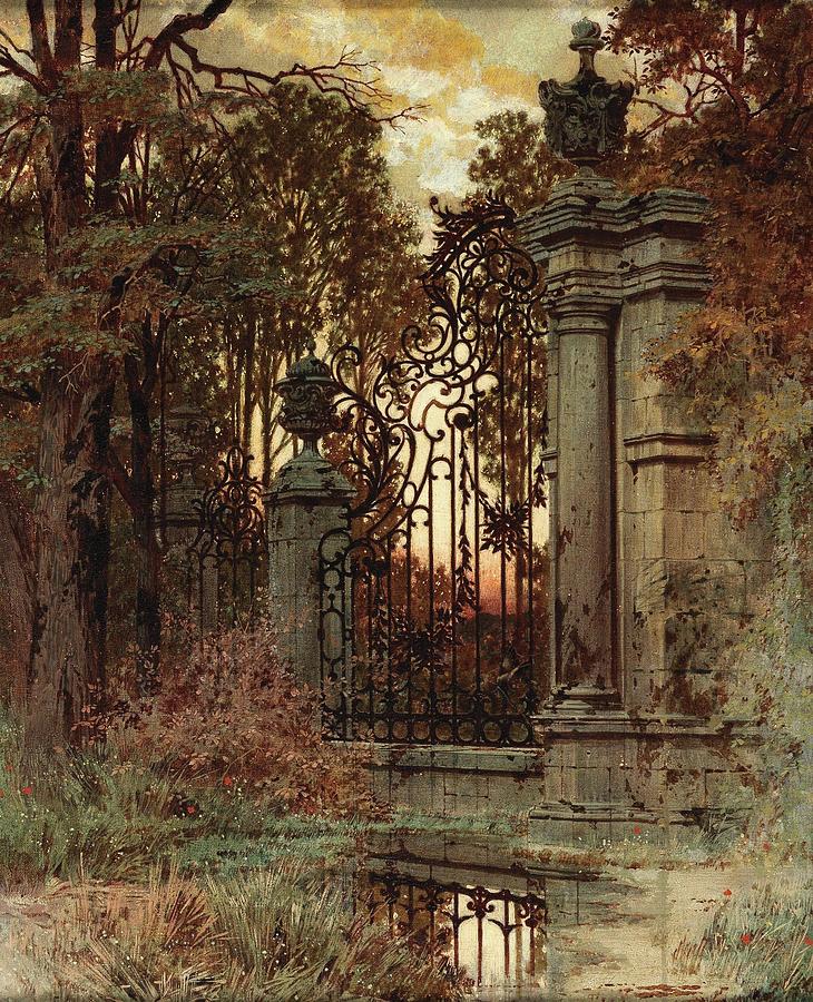 Scene at dusk by the castle gate #1 Painting by Ferdinand Knab