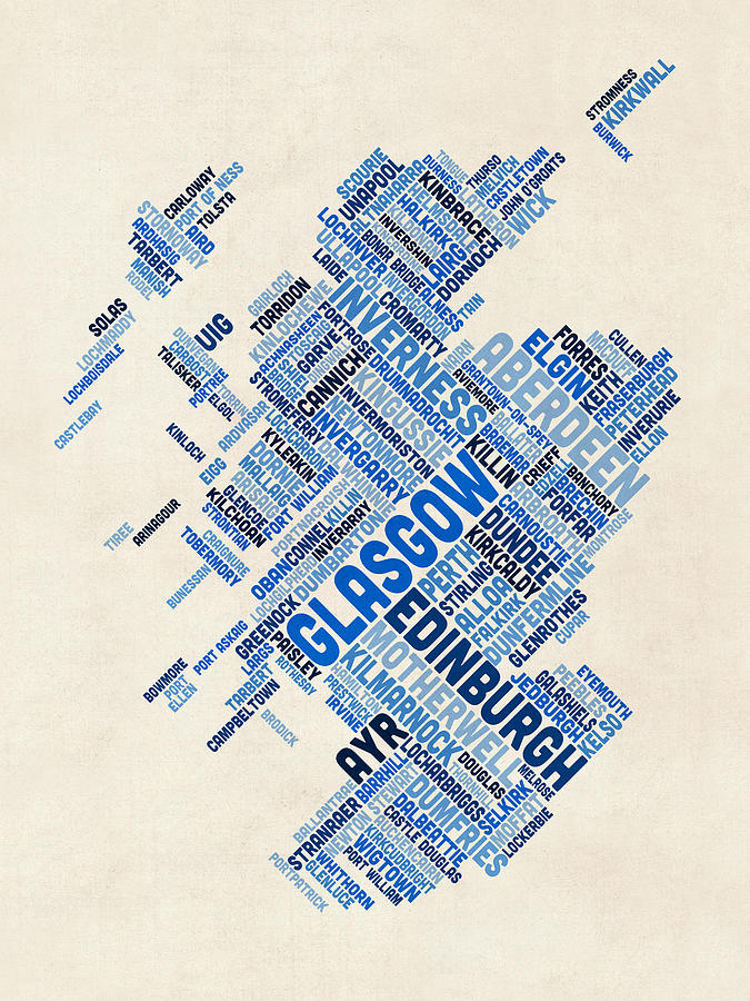 Scotland Typography Text Map #1 Digital Art by Michael Tompsett