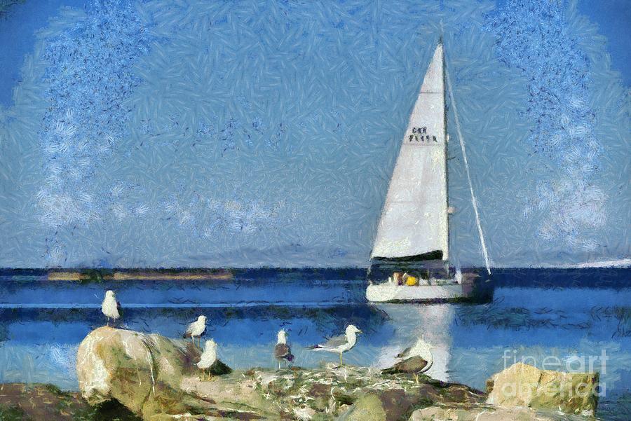Sea gulls on rock #2 Painting by George Atsametakis