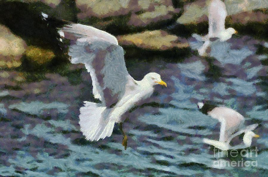 Sea gulls swimming #2 Painting by George Atsametakis